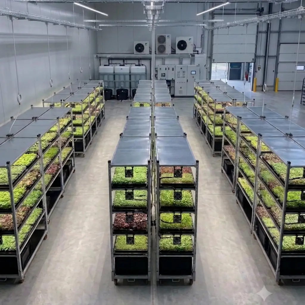 Reihen vertikaler Anbauregale mit Microgreens im Projekt einer umgebauten Lagerhalle