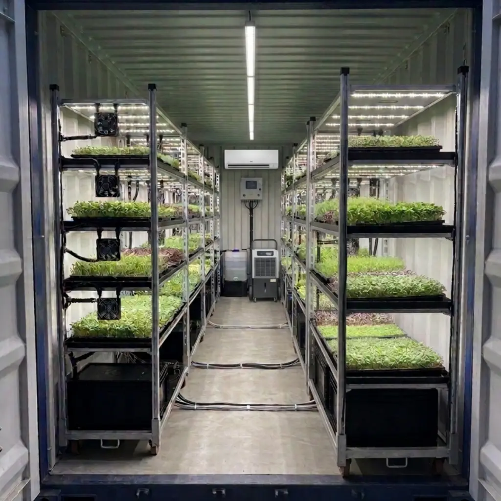 Gang zwischen zwei beleuchteten Anbauregalen im Vertical-Farming-Container für Microgreens